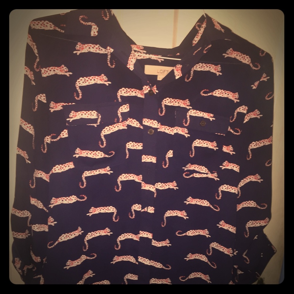 Loft 3 quarter length navy blouse w/ cheeta print